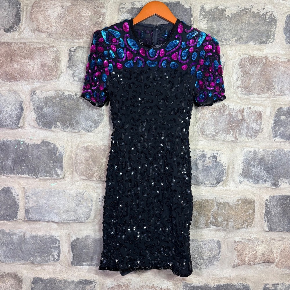 Stenay Vintage Silk‎ Sequin Dress Black Teal Magenta Petite 6 Cocktail Sheath